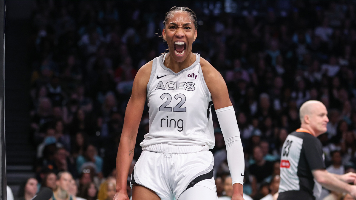 Las Vegas Aces center A'ja Wilson (22) reacts after getting fouled after a made basket in the first quarter against the New York Liberty at Barclays Center.