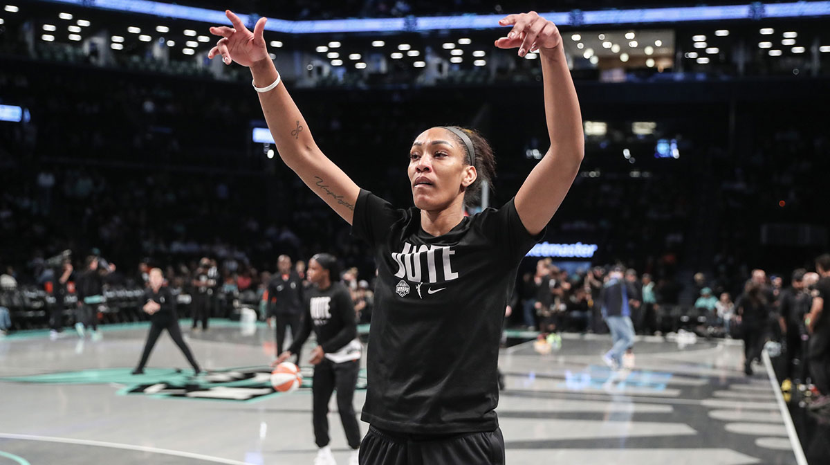 Las Vegas Aces center A'ja Wilson (22) prior to game two of the 2024 WNBA Semi-finals at Barclays Center.