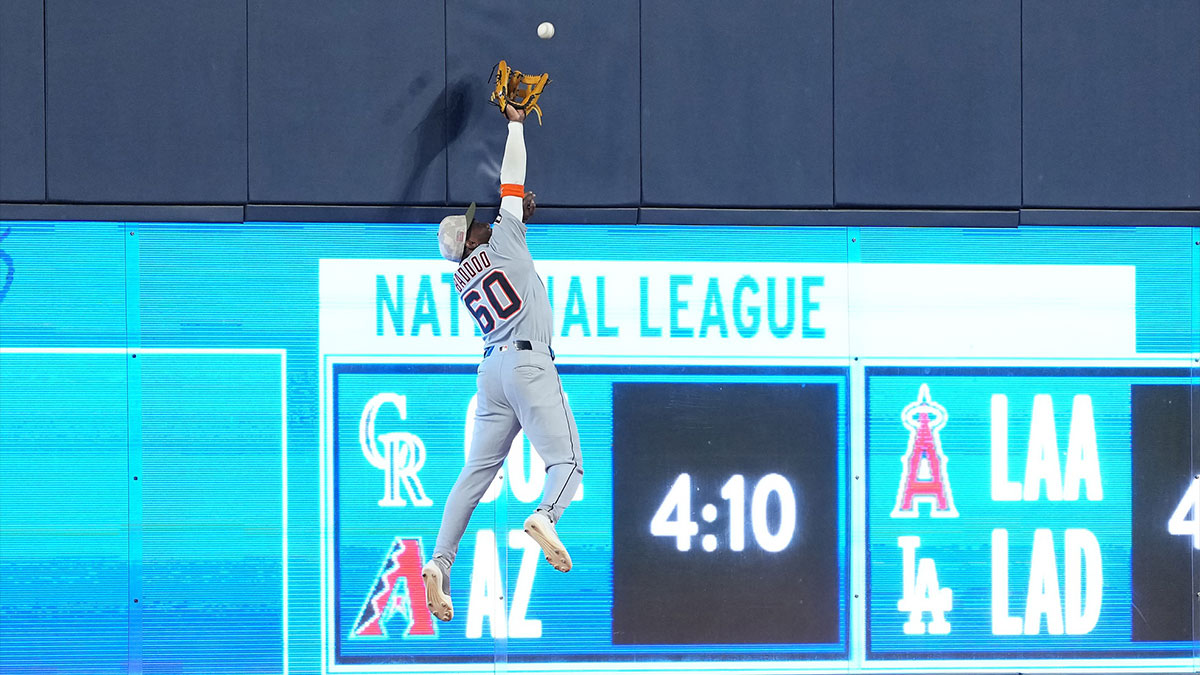Detroit Tiger left fielder Akil Baddoo (60) catches a fly ball for an out against the Toronto Blue Jays during the first inning at Rogers Centre.