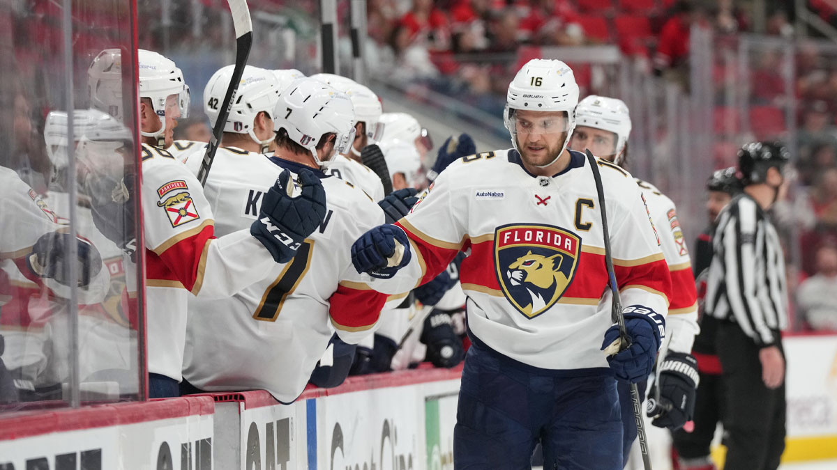 Florida Panthers forward Aleksander Barkov (16) celebrates scoring during the third period against the Carolina Hurricanes in game two of the Eastern Conference Final of the 2025 Stanley Cup Playoffs at Lenovo Center.