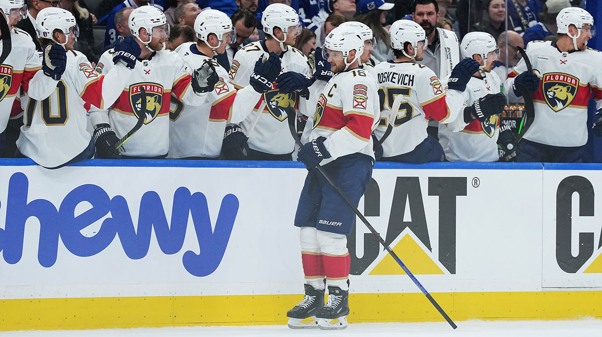 Florida Panthers center Aleksander Barkov (16) celebrates at the bench after scoring a goal against the Toronto Maple Leafs during the first period in game two of the second round of the 2025 Stanley Cup Playoffs at Scotiabank Arena.