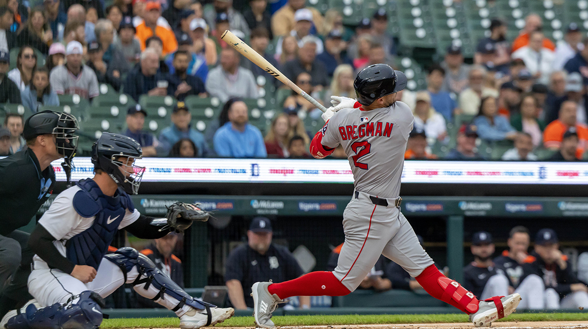 Boston Red Sox third base Alex Bregman (2) strikes out to end the first inning against the Detroit Tigers at Comerica Park.