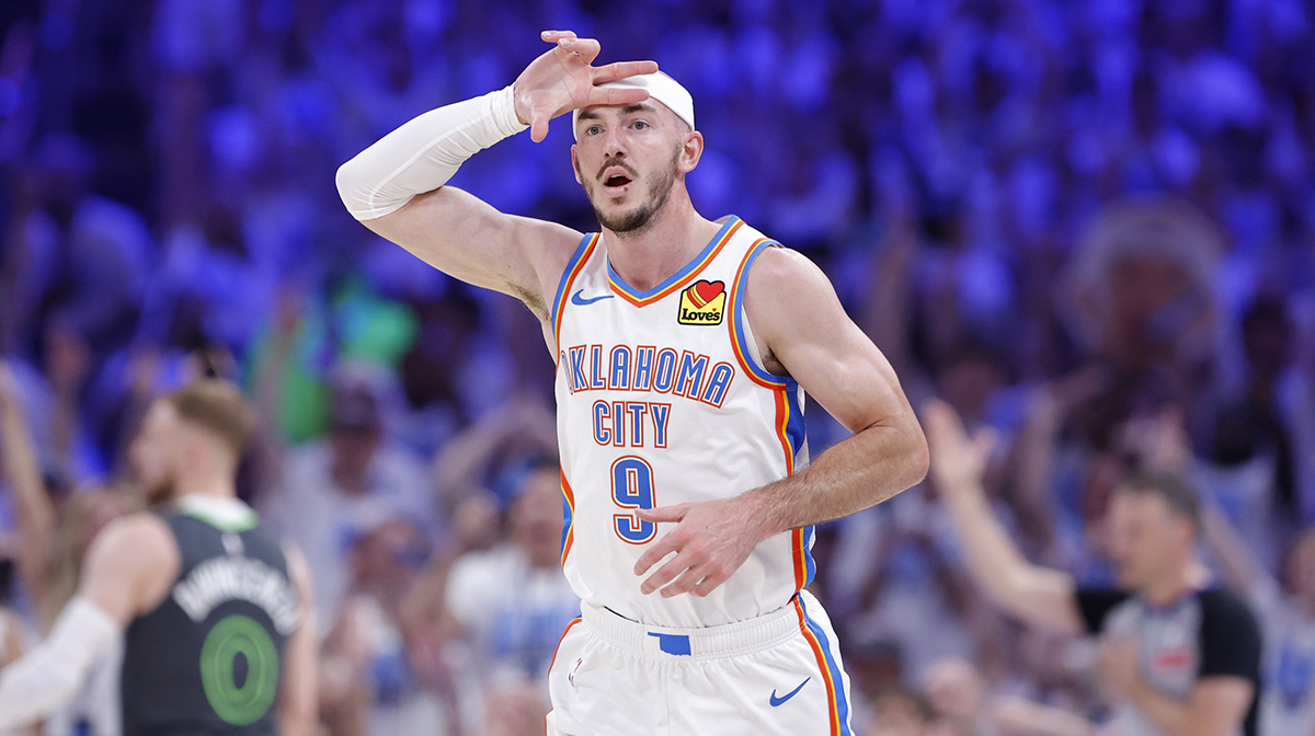 Oklahoma City Thunder star Alex Caruso after hitting a three-pointer in Game 1 against the Minnesota Timberwolves.