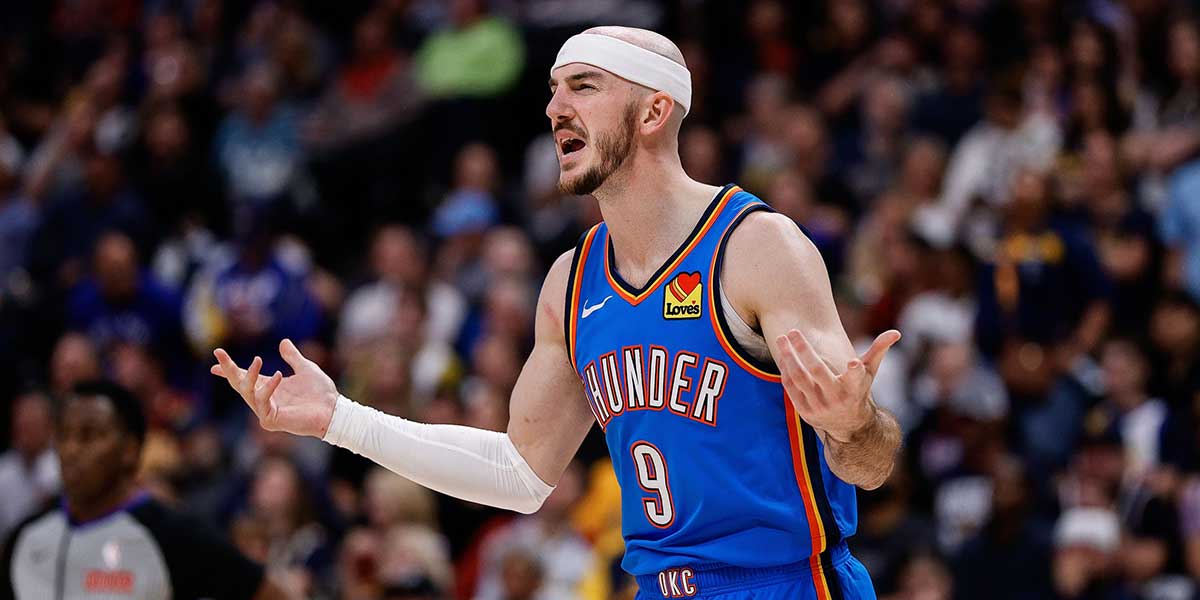 Oklahoma City Thunder guard Alex Caruso (9) reacts after a call in the fourth quarter against the Denver Nuggets during game six of the second round for the 2025 NBA Playoffs at Ball Arena.