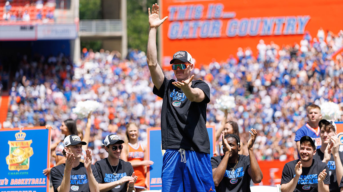 Florida Gators forward Alex Condon (21) gestures during the National Championship celebration at Ben Hill Griffin Stadium.