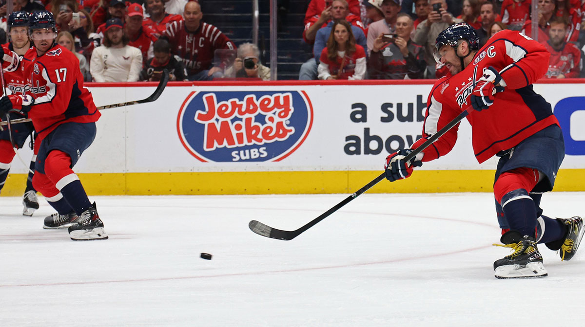 Washington Capitals left wing Alex Ovechkin (8) scores a goal against the Montreal Canadiens in the first period in game five of the first round of the 2025 Stanley Cup Playoffs at Capital One Arena.