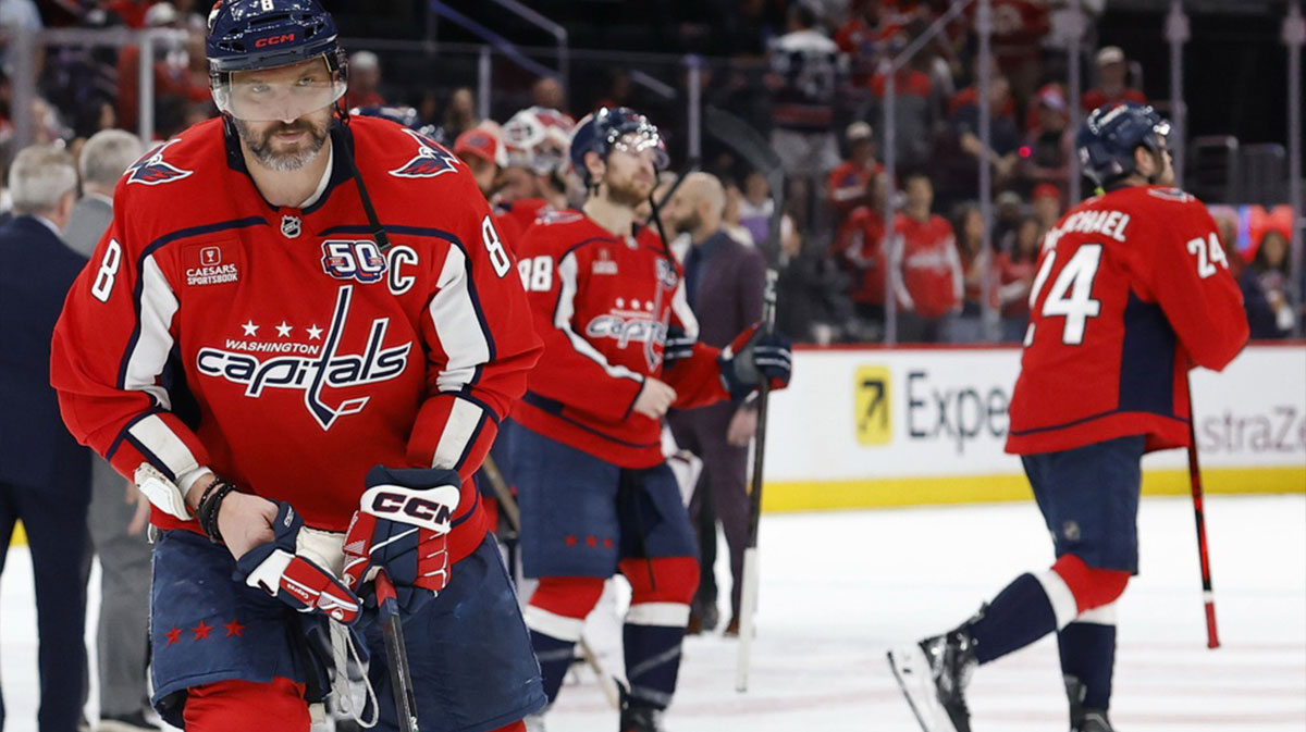 Washington Capitals left wing Alex Ovechkin (8) skates away after going through the handshake line after game five of the second round of the 2025 Stanley Cup Playoffs against the Carolina Hurricanes at Capital One Arena.