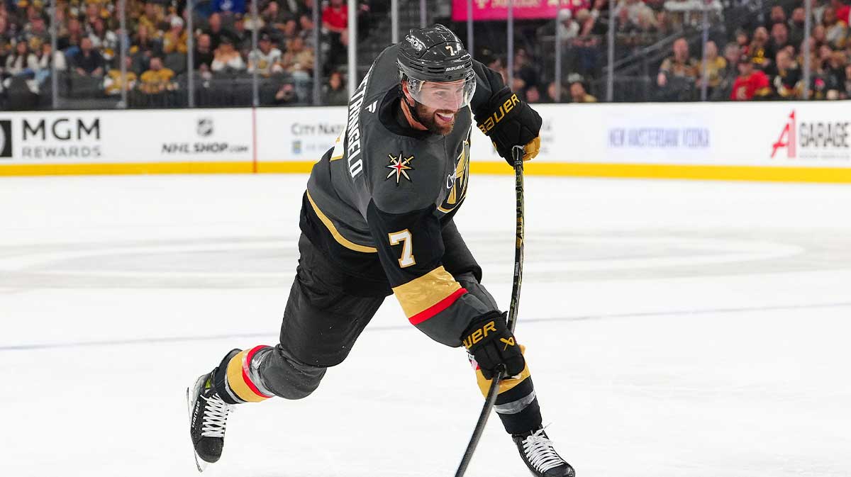 Vegas Golden Knights defenseman Alex Pietrangelo (7) shoots against the Tampa Bay Lightning during the second period at T-Mobile Arena.