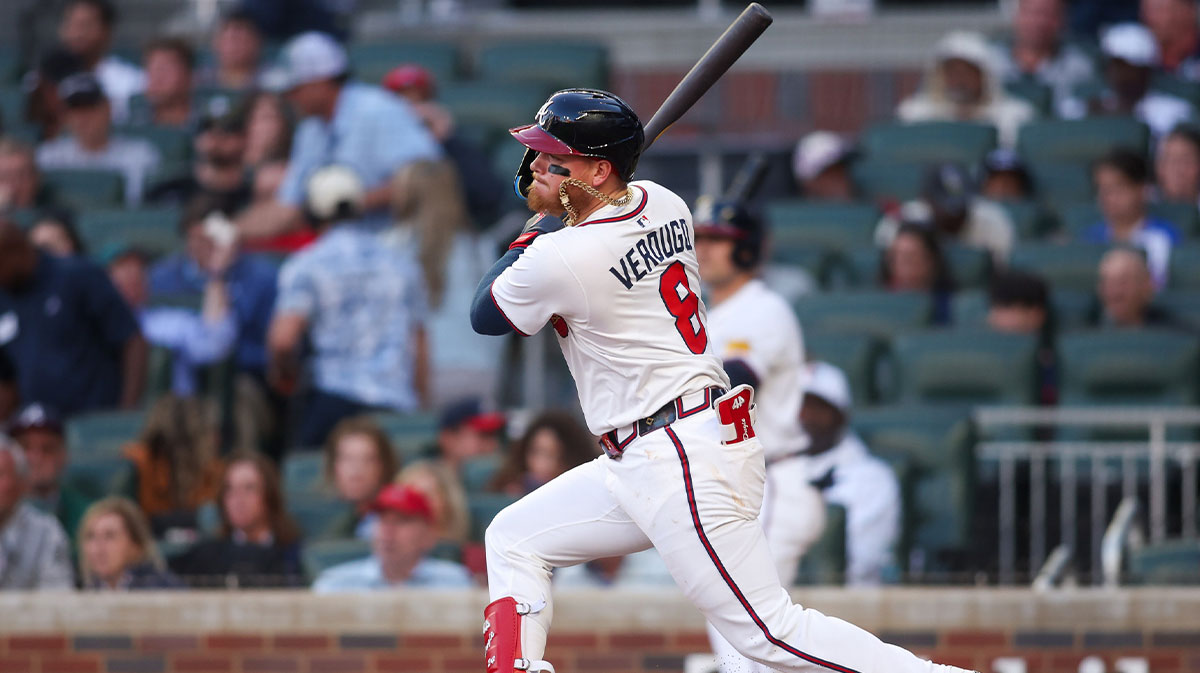 May 4, 2025; Atlanta, Georgia, USA; Atlanta Braves left fielder Alex Verdugo (8) hits a single against the Los Angeles Dodgers in the third inning at Truist Park. Mandatory Credit: Brett Davis-Imagn Images