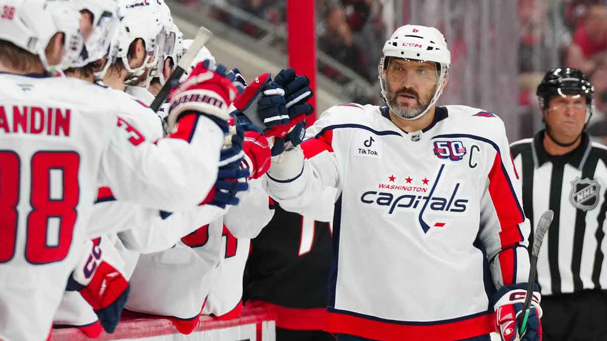 Washington Capitals left wing Alex Ovechkin (8) scores a goal against the Carolina Hurricanes during the third period in game four of the second round of the 2025 Stanley Cup Playoffs at Lenovo Center.