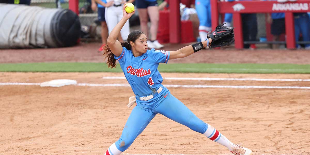 Ole Miss Rebels pitcher Aliyah Binford (4) pitches during the seventh inning against the Arkansas Razorbacks in game three of the Fayetteville Super Regional at Bogle Park