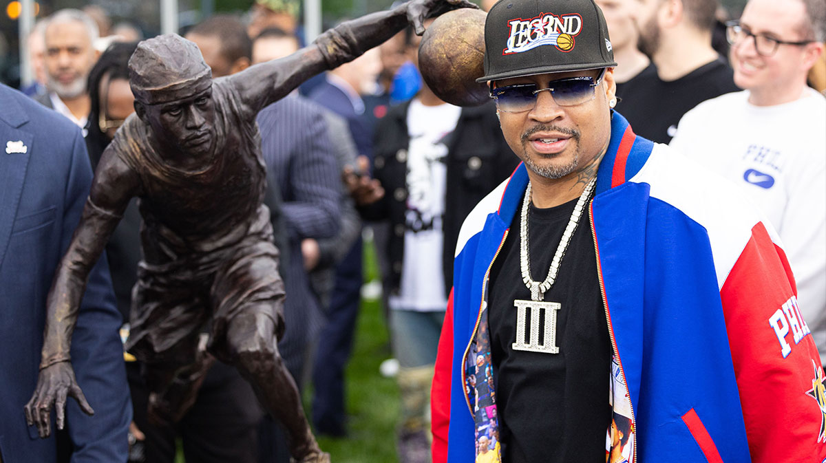 Philadelphia 76ers Great Allen Iverson during the unveiling of the statue honoring him during a ceremony at the Philadelphia 76 -ters training complex.