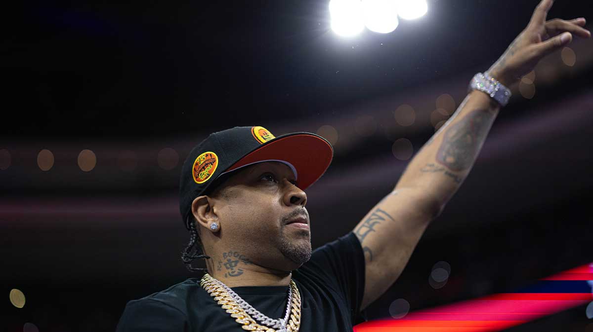 Former Philadelphia 76ers and hall of fame member Allen Iverson is introduced during the second quarter against the Brooklyn Nets.