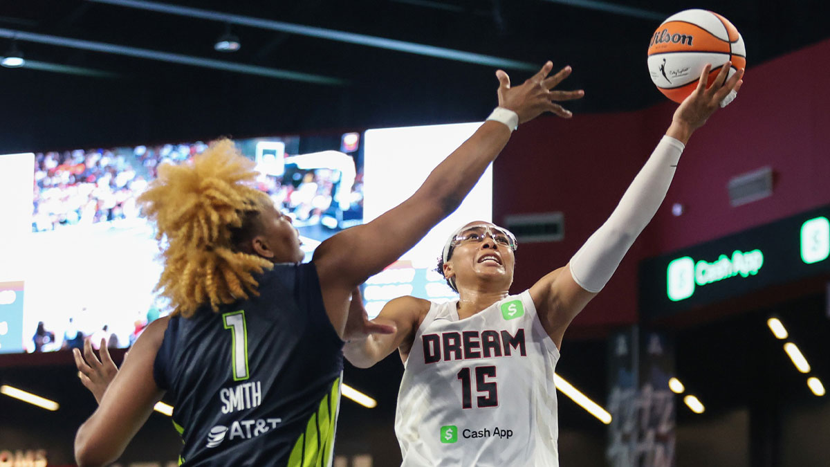 Atlanta Dream guard Allisha Gray (15) shoots the ball against Dallas Wings forward NaLyssa Smith (1) during the fourth quarter at Gateway Center Arena at College Park.
