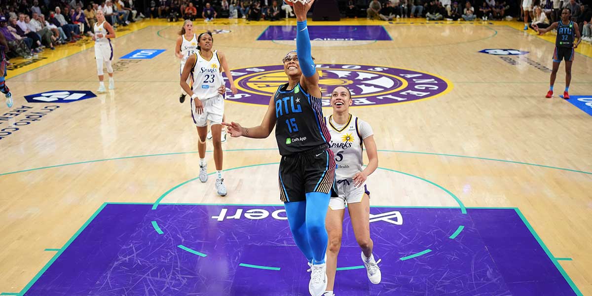 Atlanta Dream guard Allisha Gray (15) shoots against LA Sparks forward Dearica Hamby (5) in the second half at Crypto.com Arena.