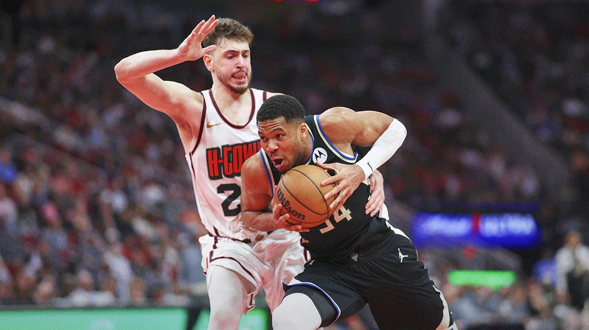 Milwaukee Bucks forward Giannis Antetokounmpo (34) drives with the ball as Houston Rockets center Alperen Sengun (28) defends during the fourth quarter at Toyota Center.