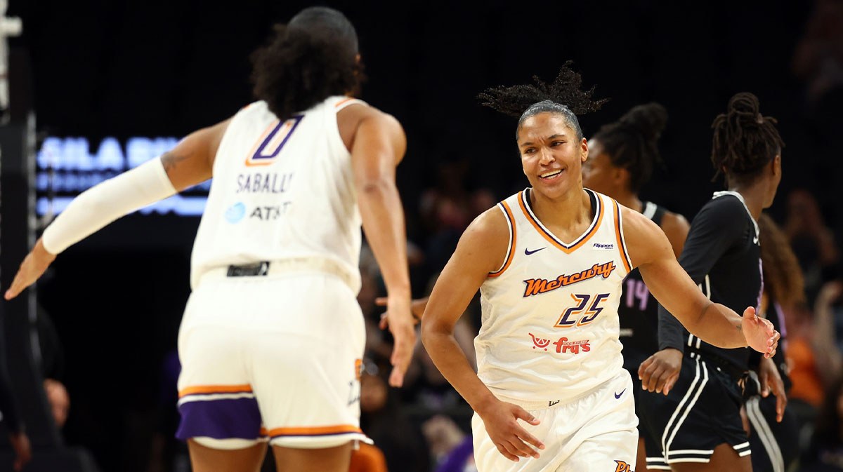 Phoenix Mercury forward Alyssa Thomas (25) celebrates a play with Satou Sabally (0) against the Golden State Valkyries during a preseason game at PHX Arena.