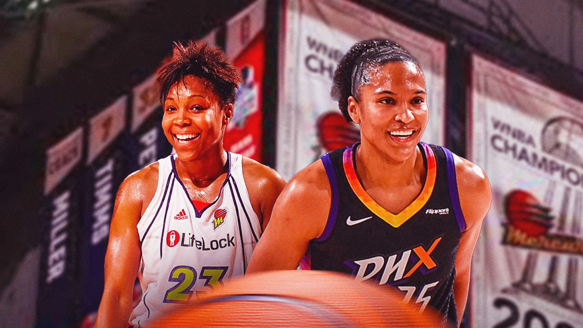 Alyssa Thomas in a Phoenix Mercury jersey with Cappie Pondexter in a Mercury jersey next to her, and a background of the Mercury's rafters