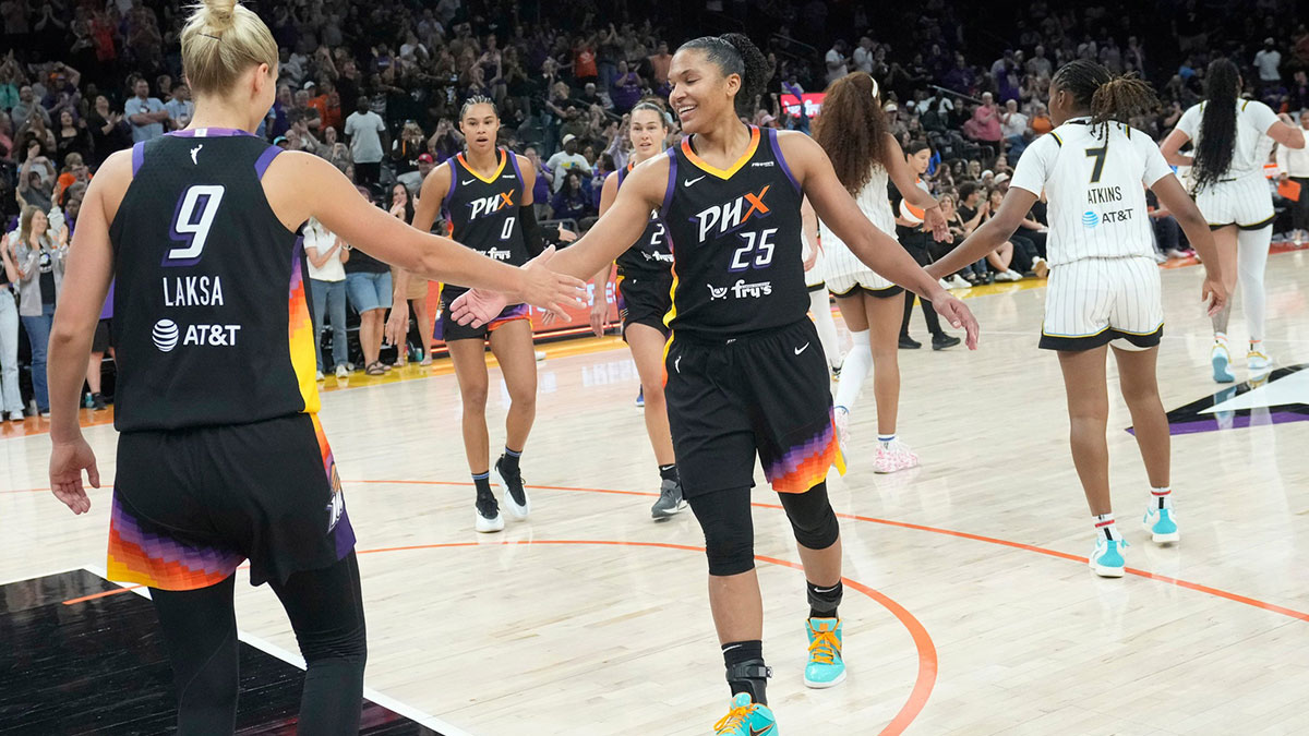 Phoenix Mercury guard Kitija Laksa (9) and forward Alyssa Thomas (25) celebrate their 94-89 win against the Chicago Sky at PHX Arena in Phoenix, on May 27, 2025.
