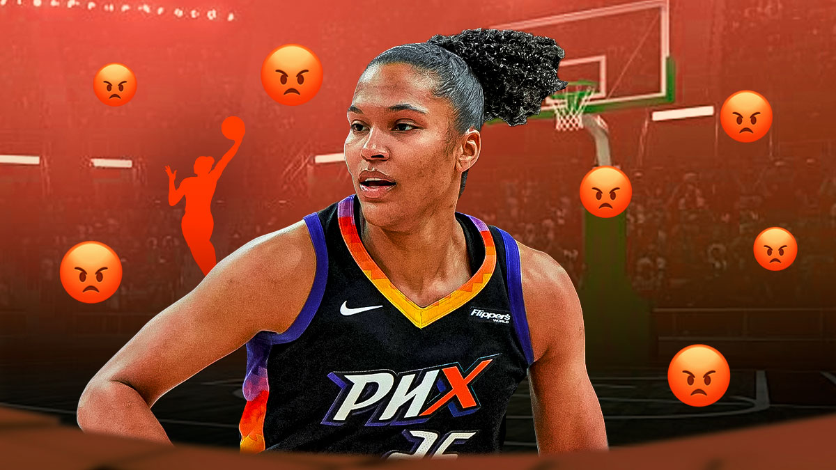 Alyssa Thomas in a Phoenix Mercury jersey with frustrated emojis around her, and a background of the WNBA logo.