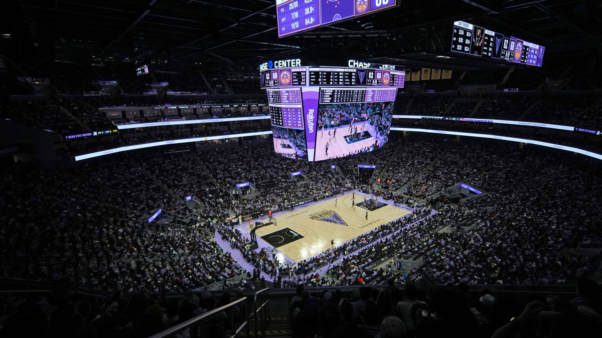 May 16, 2025; San Francisco, California, USA; An overhead view of the arena during the fourth quarter of the game between the Golden State Valkyries and the Los Angeles Sparks at Chase Center. Mandatory Credit: Darren Yamashita-Imagn Images