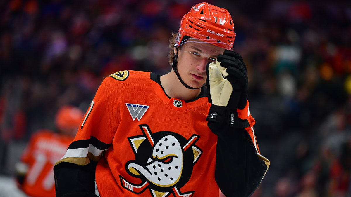Anaheim Ducks center Trevor Zegras (11) during the second period at Honda Center