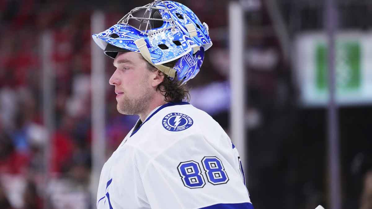 Tampa Bay Lightning goaltender Andrei Vasilevskiy (88) looks on against the Florida Panthers during the first period in game four of the first round of the 2025 Stanley Cup Playoffs at Amerant Bank Arena.