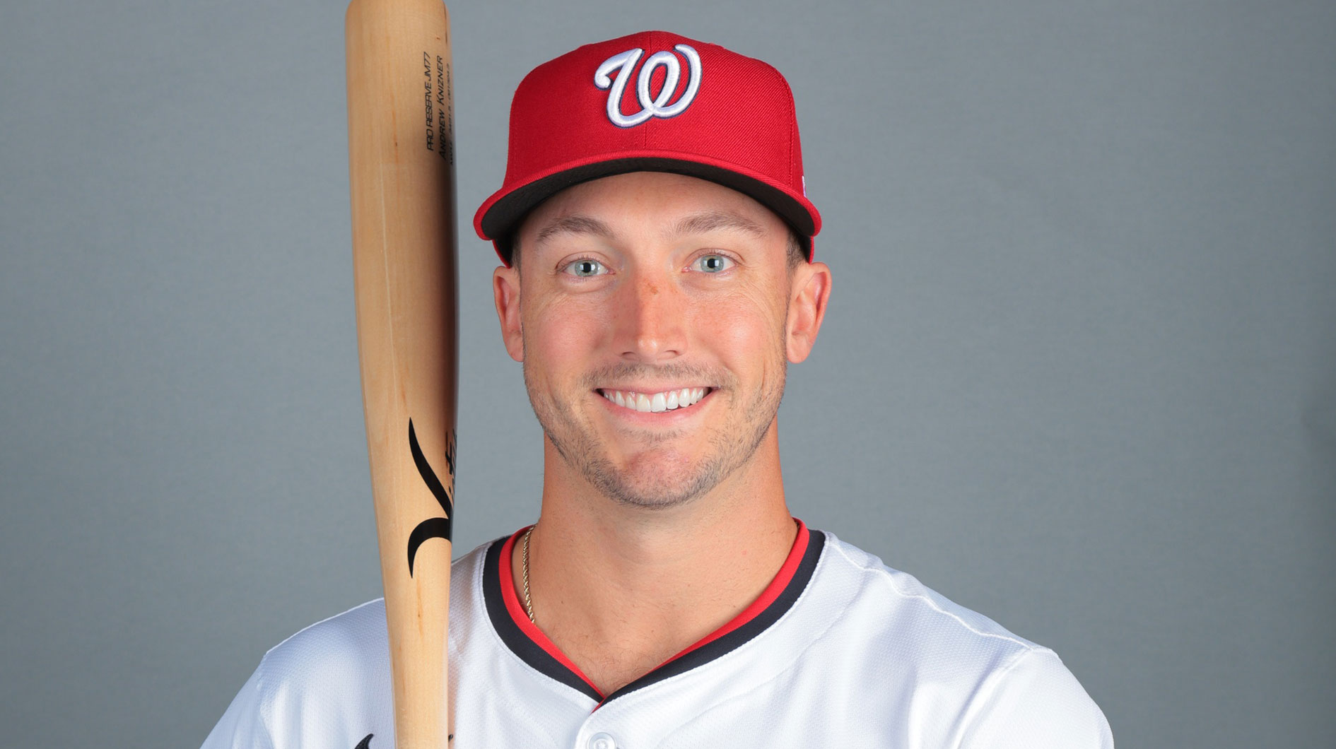 Washington Nationals catcher Andrew Knizner (9) poses for a photo during picture day at CACTI Park of the Palm Beaches.
