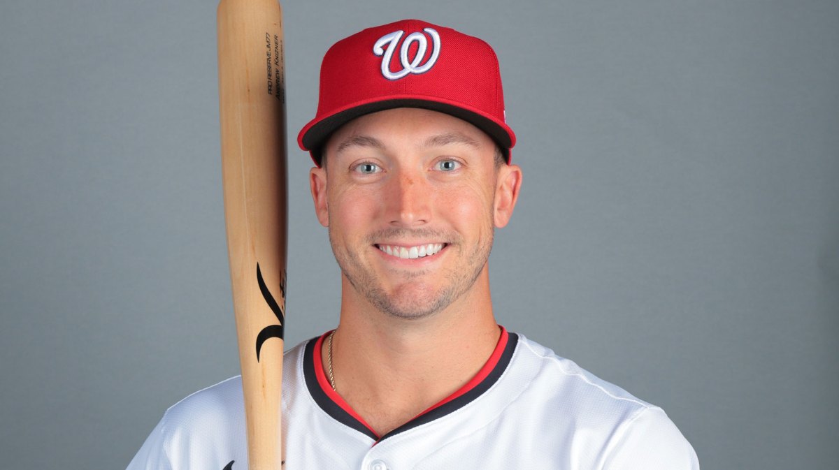Washington Nationals catcher Andrew Knizner (9) poses for a photo during picture day at CACTI Park of the Palm Beaches.