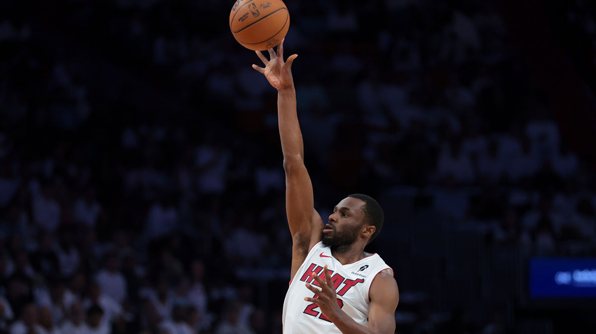Miami Heat forward Andrew Wiggins (22) shoots the basketball against the Cleveland Cavaliers in the first quarter during game four for the first round of the 2025 NBA Playoffs at Kaseya Center.
