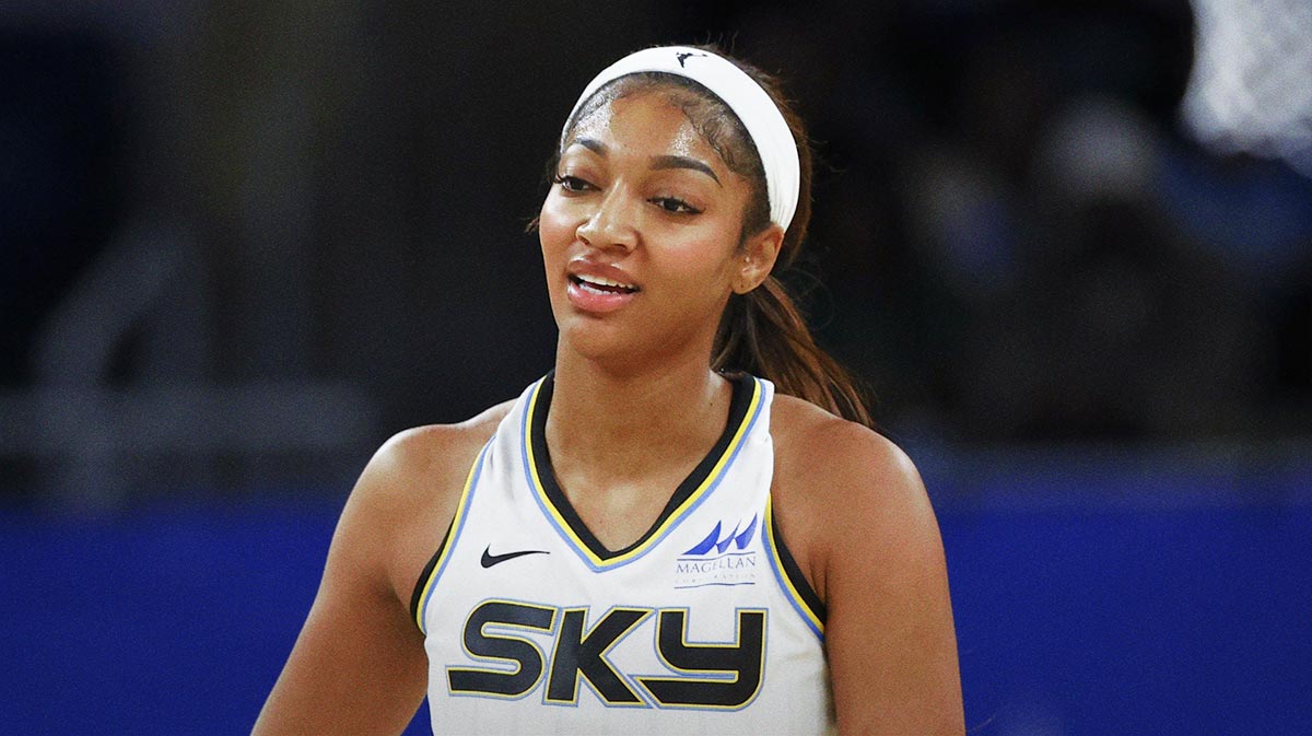 Chicago Sky forward Angel Reese (5) reacts during the first half of a WNBA pre-season game against the Minnesota Lynx at Wintrust Arena.