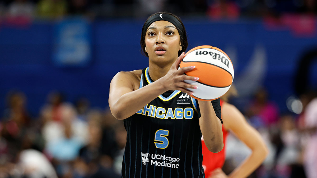Chicago Sky forward Angel Reese (5) shoots a free throw against the Indiana Fever during the second half at Wintrust Arena.