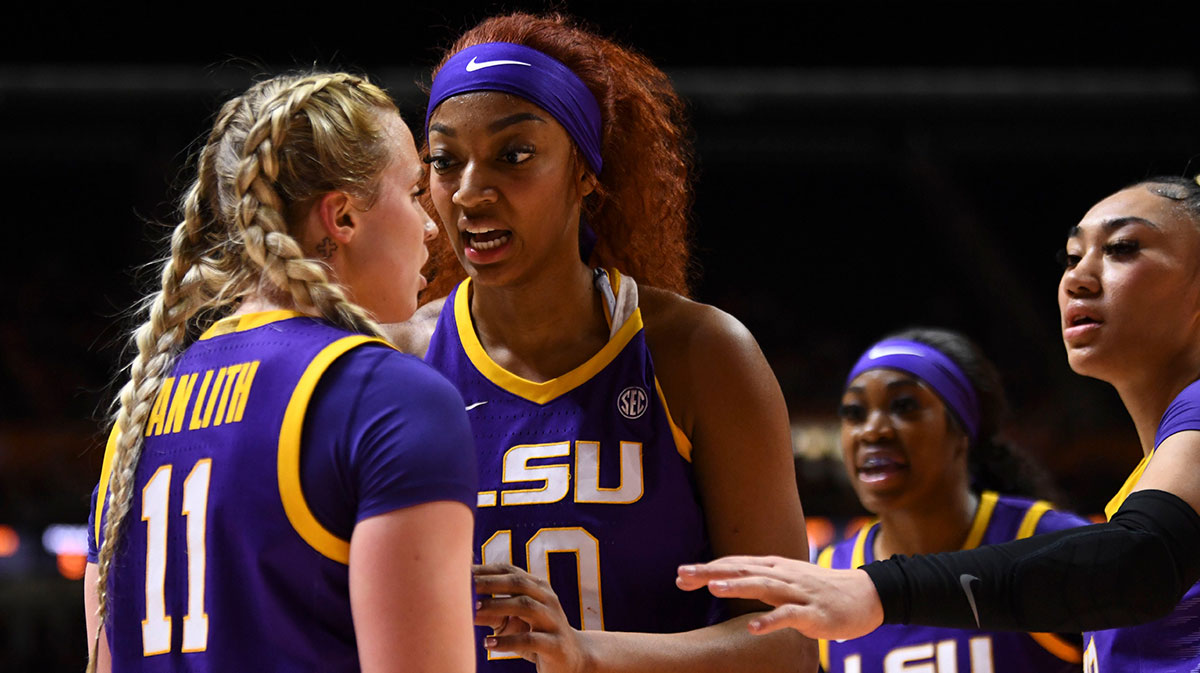 LSU's Angel Reese (10) and teammates try to calm Hailey Van Lith (11) after a foul was called against Lith during an NCAA college basketball game against Tennessee on Sunday, February 25, 2024, in Knoxville, Tenn.