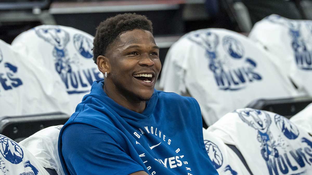 Minnesota Timberwolves guard Anthony Edwards (5) on the court during warmups prior to game five of the second round for the 2025 NBA Playoffs against the Golden State Warriors.