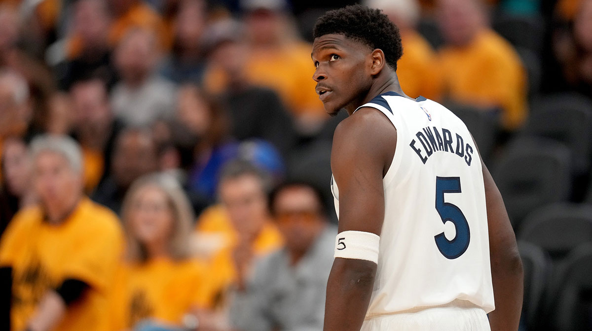 Minnesota Timberwolves guard Anthony Edwards (5) stands on the court during action against the Golden State Warriors in the fourth quarter during game four of the second round for the 2025 NBA Playoffs at Chase Center.