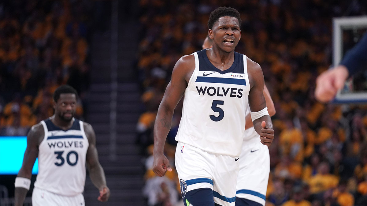 Minnesota Timberwolves guard Anthony Edwards (5) jogs towards the team bench after a timeout was called against the Golden State Warriors in the third quarter during game four of the second round for the 2025 NBA Playoffs at Chase Center.