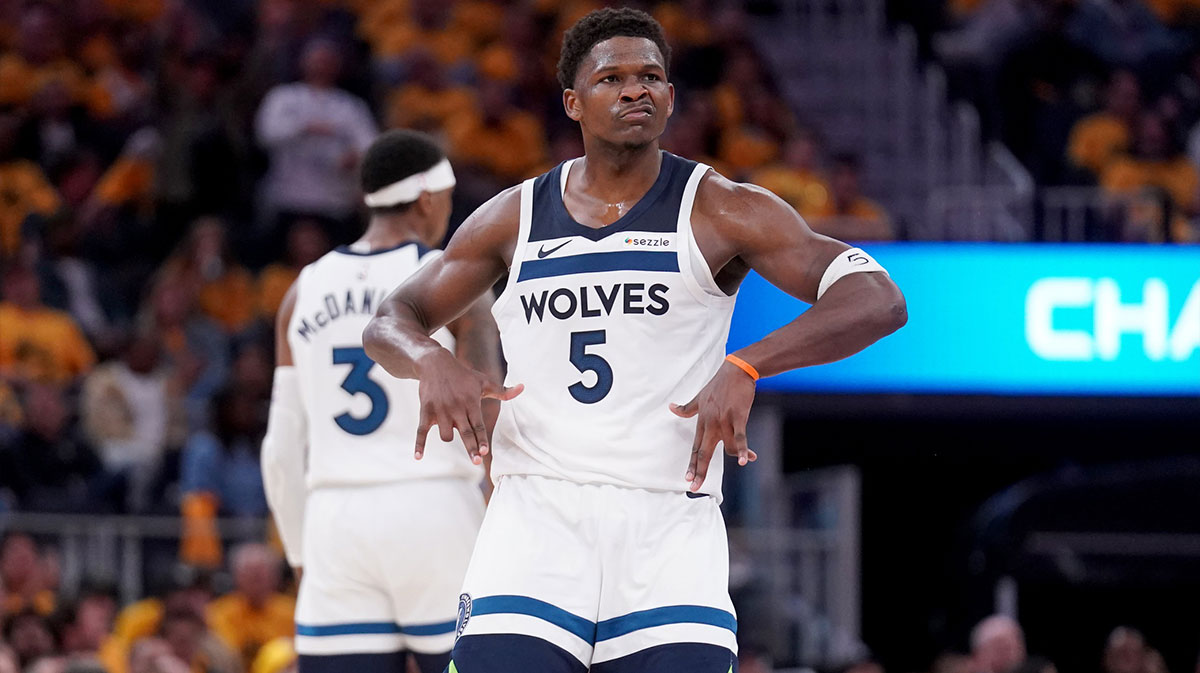 Minnesota Timberwolves guard Anthony Edwards (5) reacts after making a three point basket against the Golden State Warriors in the third quarter during game four of the second round for the 2025 NBA Playoffs at Chase Center.