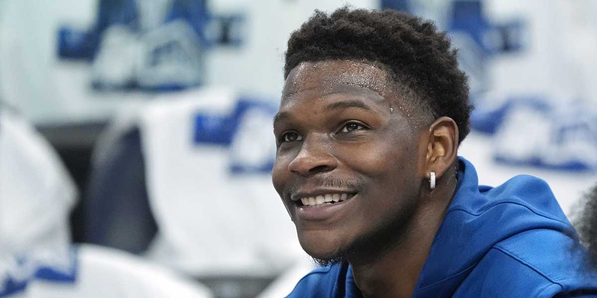 Minnesota Timberwolves guard Anthony Edwards (5) prepares to play the Golden State Warriors before game one of the second round for the 2025 NBA Playoffs at Target Center.