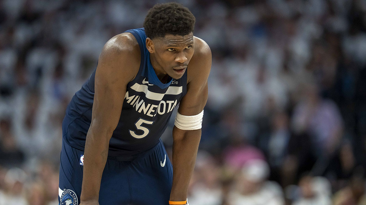 Minnesota Timberwolves guard Anthony Edwards (5) looks on against the Golden State Warriors in the first half during game five of the second round for the 2025 NBA Playoffs at Target Center.