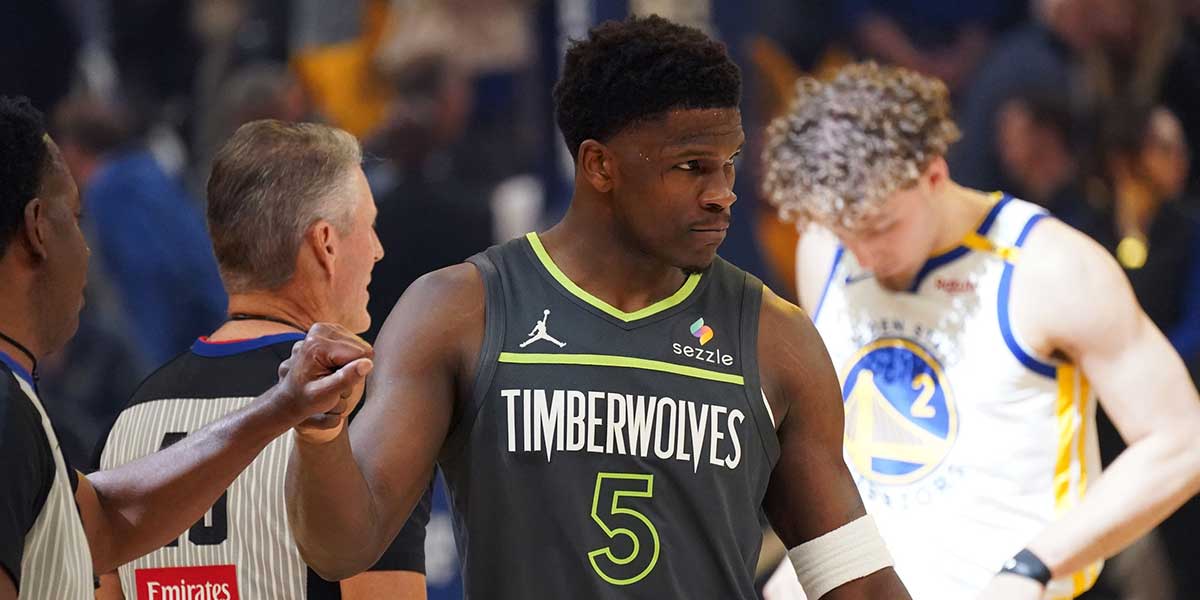 Minnesota Timberwolves guard Anthony Edwards (5) gets ready for the start of the game against the Golden State Warriors during game three of the second round for the 2025 NBA Playoffs at Chase Center.
