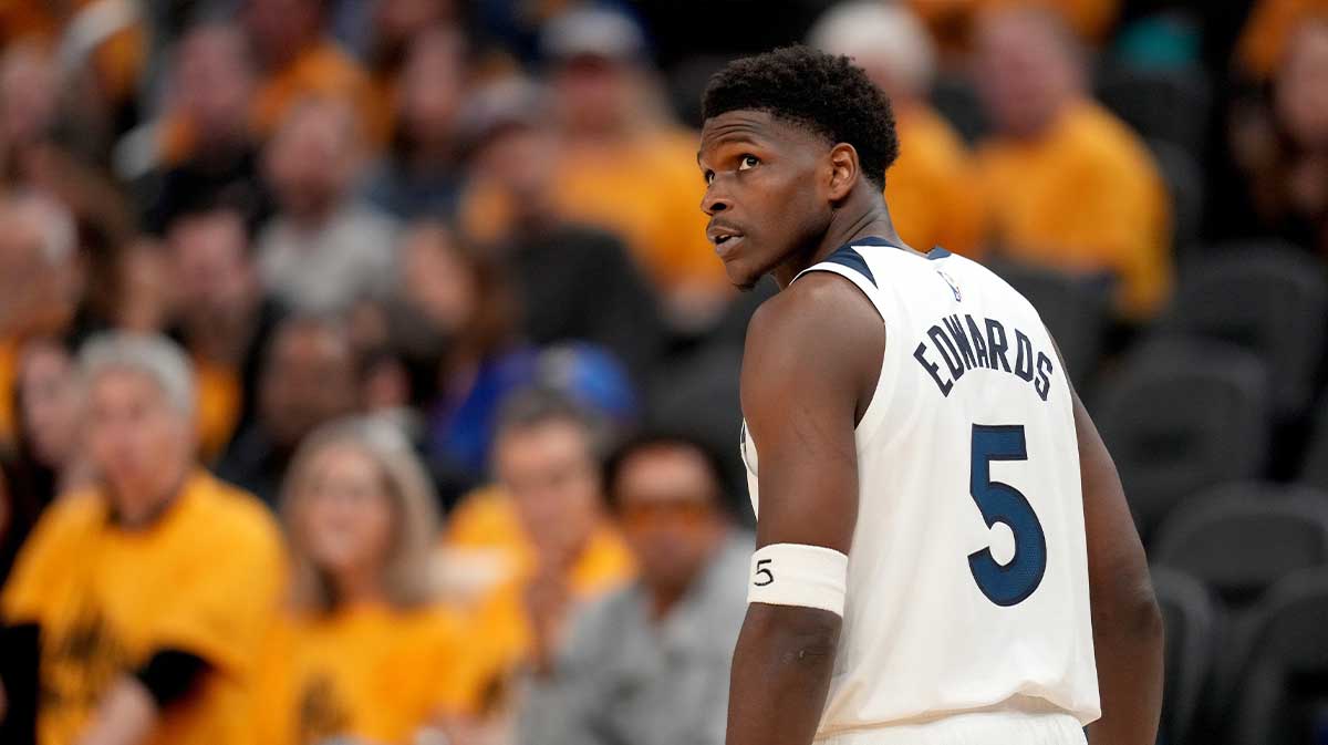 Minnesota Timberwolves guard Anthony Edwards (5) stands on the court during action against the Golden State Warriors in the fourth quarter during game four of the second round for the 2025 NBA Playoffs at Chase Center.