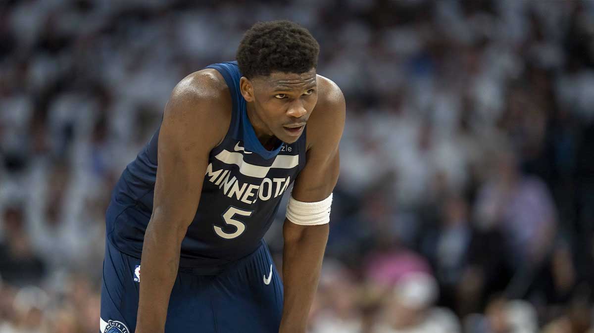 ; Minnesota Timberwolves guard Anthony Edwards (5) looks on against the Golden State Warriors in the first half during game five of the second round for the 2025 NBA Playoffs at Target Center.