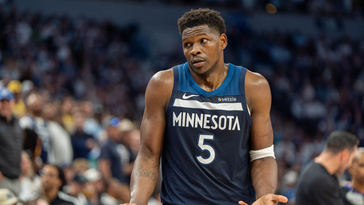 Minnesota Timberwolves guard Anthony Edwards (5) responds to the Los Angeles Lakers bench after a foul in the second quarter during game four of first round for the 2025 NBA Playoffs at Target Center.