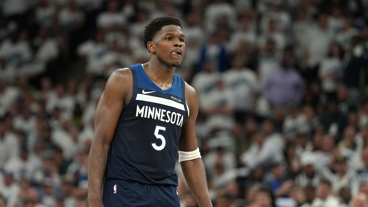 Minnesota Timberwolves guard Anthony Edwards (5) reacts against the Oklahoma City Thunder in the first half during game four of the western conference finals for the 2025 NBA Playoffs at Target Center.