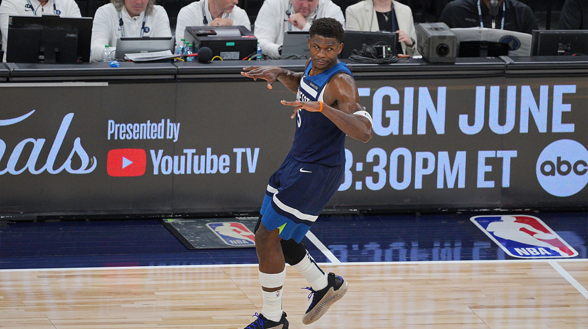Minnesota Timberwolves guard Anthony Edwards (5) reacts after a basket against the Oklahoma City Thunder during the first half in game three of the western conference finals for the 2025 NBA Playoffs at Target Center.