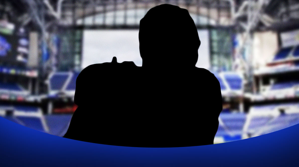 Silhouette of Indianapolis Colts quarterback Anthony Richardson, who underwent an offseason transformation and has a new physique, with Lucas Oil Stadium background.