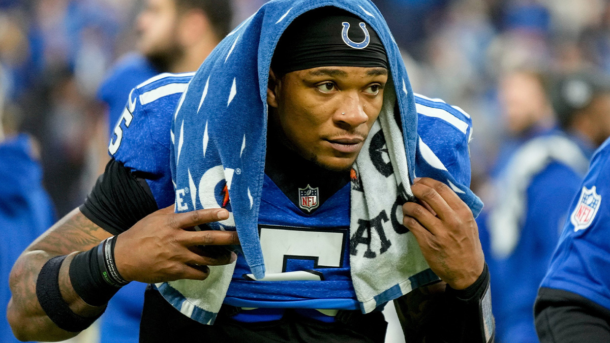 Indianapolis Colts quarterback Anthony Richardson (5) leaves the field Sunday, Nov. 24, 2024, after losing 24-6 to the Detroit Lions at Lucas Oil Stadium in Indianapolis.