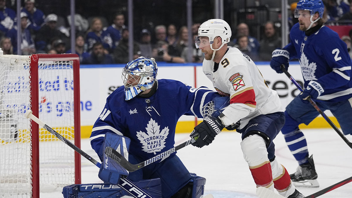 Maple Leafs goaltender Anthony Stolarz (41) and Florida Panthers forward Sam Bennett (9) battle for position in front of the goal during the second period of the second round of the 2025 Stanley Cup Playoffs at Scotiabank Arena.