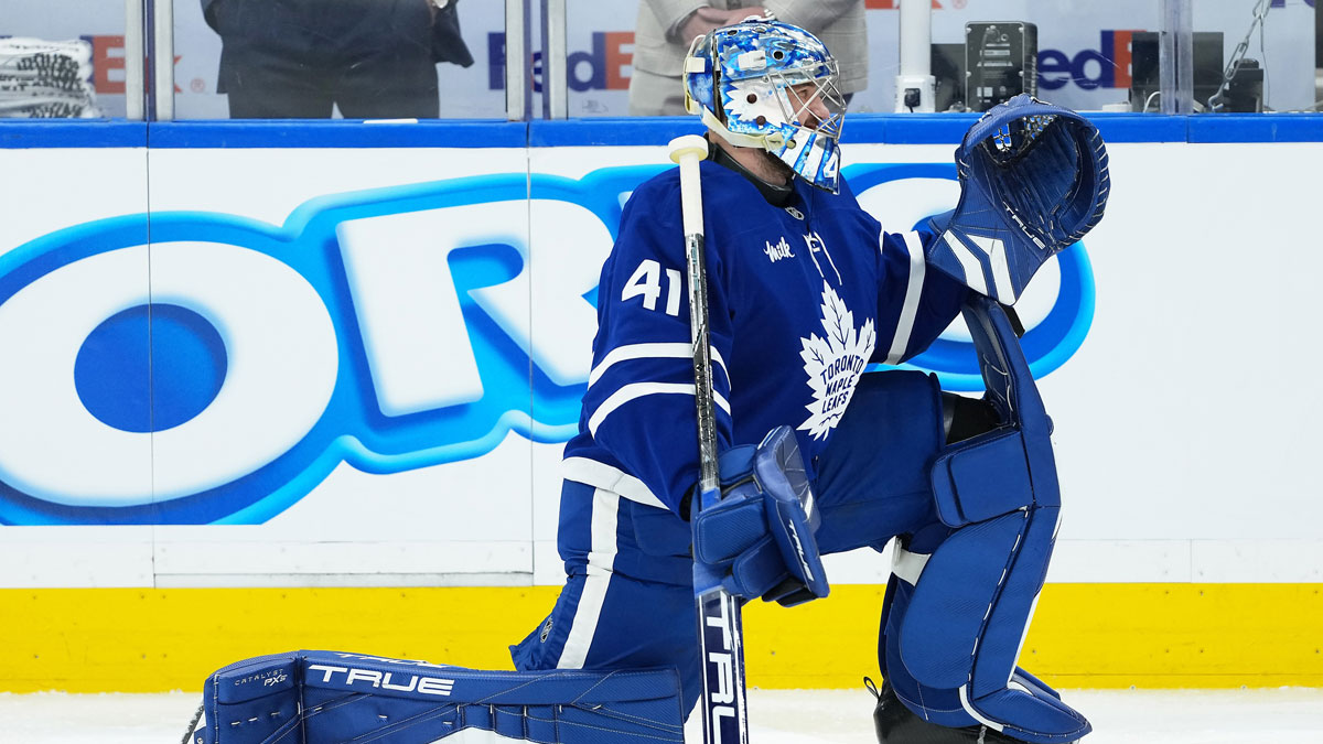 Toronto Maple Leafs goaltender Anthony Stolarz (41) stretches during the warmup before game five of the first round of the 2025 Stanley Cup Playoffs against the Ottawa Senators at Scotiabank Arena.