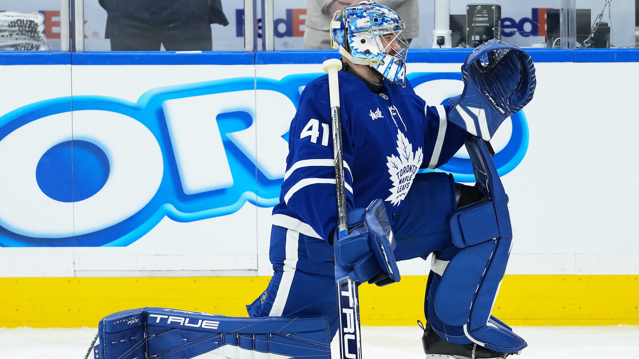 Toronto Maple Leafs goaltender Anthony Stolarz (41) stretches during the warmup before game five of the first round of the 2025 Stanley Cup Playoffs against the Ottawa Senators at Scotiabank Arena.